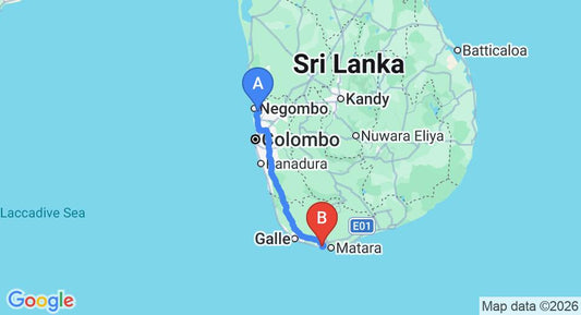 Driving route map: Colombo Airport (CMB) to Mirissa Hills, Mirissa (176 km, approx 2 h 30 min private transfer)