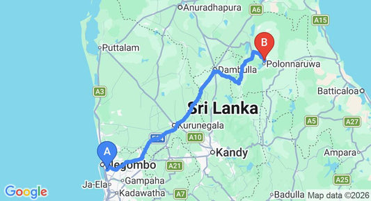Driving route map: Colombo Airport (CMB) to Lagasaa, Polonnaruwa (197 km, approx 4 h 3 min private transfer)