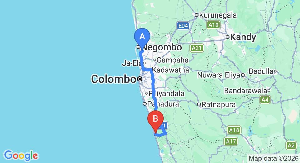 Driving route map: Colombo Airport (CMB) to Villa La Luna, Beruwala (107 km, approx 1 h 39 min private transfer)