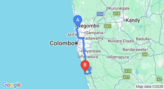 Driving route map: Colombo Airport (CMB) to Villa La Luna, Beruwala (107 km, approx 1 h 39 min private transfer)