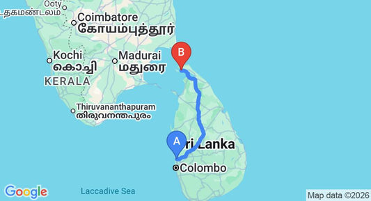 Driving route map: Colombo Airport (CMB) to Pillaiyar Inn, Jaffna (374 km, approx 7 h 20 min private transfer)