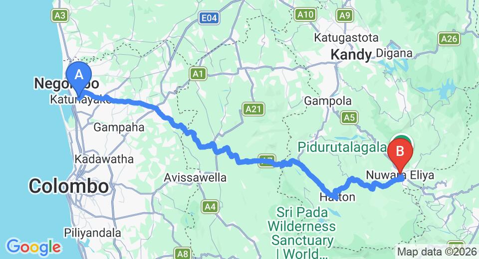 Driving route map: Colombo Airport (CMB) to Fairmont Luxury Apartment, Nuwara Eliya (152 km, approx 4 h 41 min private transfer)