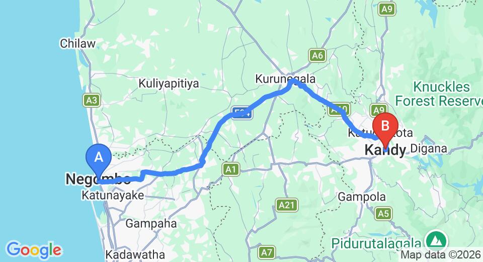 Driving route map: Negombo to Kandy (116 km, approx 2 h 50 min private transfer)