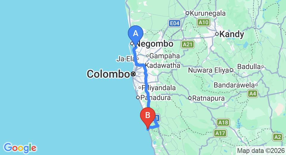 Driving route map: Colombo Airport (CMB) to Lihiniya Surf Hotel, Bentota (108 km, approx 1 h 41 min private transfer)