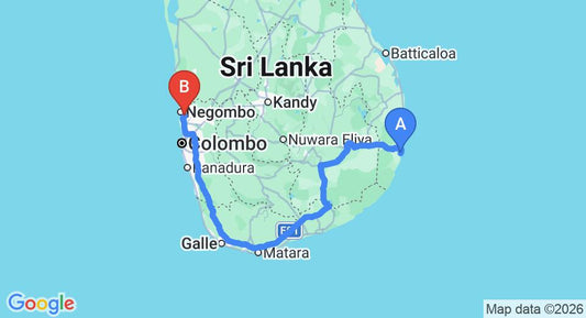 Driving route map: Arugam Bay to Colombo Airport (CMB) (413 km, approx 6 h 27 min private transfer)