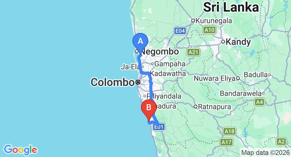 Driving route map: Colombo Airport (CMB) to Avani Kalutara Resort, Kalutara (96 km, approx 1 h 37 min private transfer)