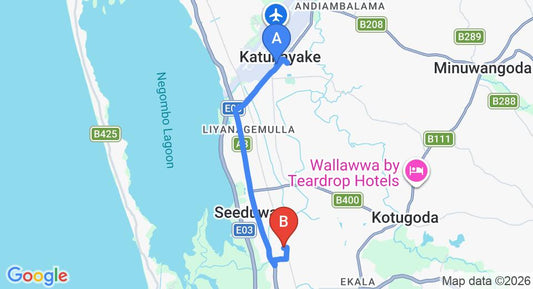 Driving route map: Colombo Airport (CMB) to Alawathupitiya (10 km, approx 21 min private transfer)