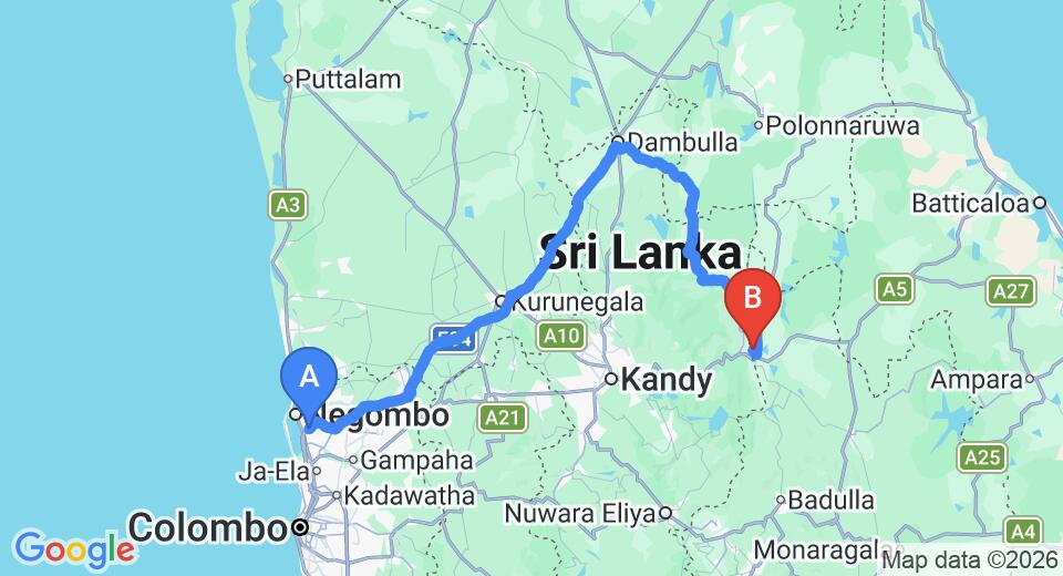 Driving route map: Colombo Airport (CMB) to Sorabora Gedera, Mahiyanganaya (219 km, approx 4 h 36 min private transfer)