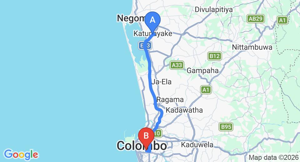 Driving route map: Colombo Airport (CMB) to Geoffrey Bawa House No 11, Colombo (33 km, approx 42 min private transfer)