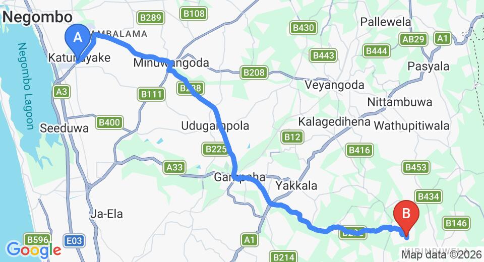 Driving route map: Colombo Airport (CMB) to The Pineapple Villa, Gampaha (36 km, approx 1 h 11 min private transfer)