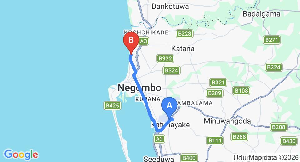 Driving route map: Colombo Airport (CMB) to Hotel Shanelo, Negombo (13 km, approx 32 min private transfer)