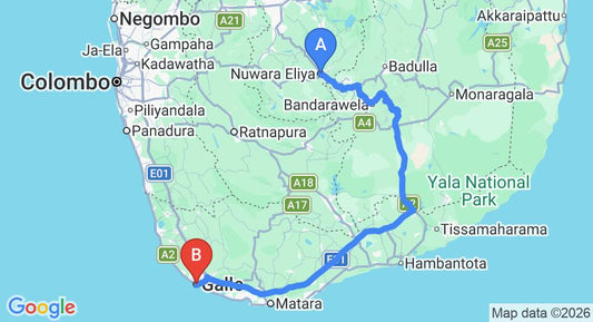 Driving route map: Nuwara Eliya to Galle (254 km, approx 5 h 6 min private transfer)