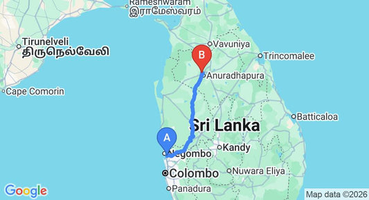 Driving route map: Colombo Airport (CMB) to Tisawewa Holiday Bungalow, Anuradhapura (176 km, approx 3 h 48 min private transfer)