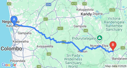 Driving route map: Colombo Airport (CMB) to Welimada (177 km, approx 5 h 27 min private transfer)