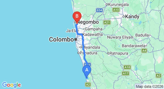Driving route map: Ahungalla to Colombo Airport (CMB) (120 km, approx 1 h 57 min private transfer)