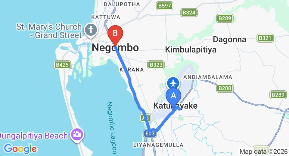 Driving route map: Colombo Airport (CMB) to The Palace Hotel, Negombo (9 km, approx 20 min private transfer)