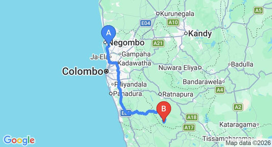 Driving route map: Colombo Airport (CMB) to Mahoora - Sinharaja, Ratnapura (151 km, approx 2 h 59 min private transfer)