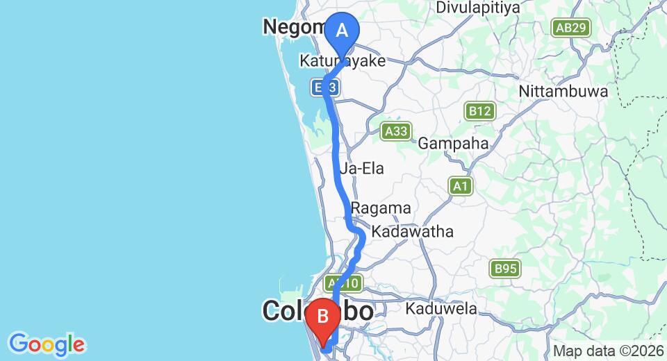 Driving route map: Colombo Airport (CMB) to Raja Bojun, Colombo (37 km, approx 51 min private transfer)