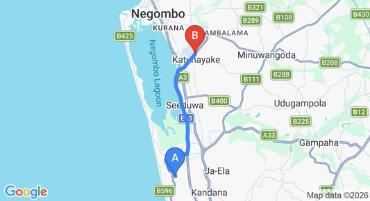 Driving route map: Bopitiya to Colombo Airport (CMB) (15 km, approx 22 min private transfer)