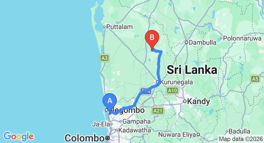 Driving route map: Colombo Airport (CMB) to Embogama (124 km, approx 2 h 43 min private transfer)
