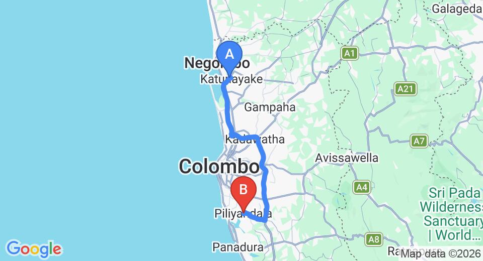 Driving route map: Colombo Airport (CMB) to Club Penthouse Island Resort, Piliyandala (63 km, approx 1 h 6 min private transfer)