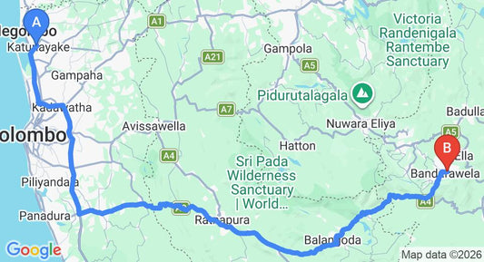 Driving route map: Colombo Airport (CMB) to Bandarawela Holiday Bungalow, Bandarawela (220 km, approx 5 h 24 min private transfer)