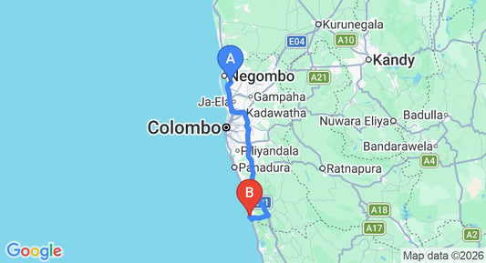 Driving route map: Colombo Airport (CMB) to Riverina Hotel, Beruwala (108 km, approx 1 h 43 min private transfer)
