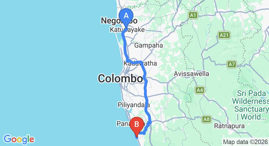 Driving route map: Colombo Airport (CMB) to Siddhalepa Ayurveda Health Resort, Wadduwa (81 km, approx 1 h 28 min private transfer)