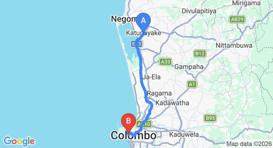 Driving route map: Colombo Airport (CMB) to Cinnamon Lakeside, Colombo (34 km, approx 43 min private transfer)