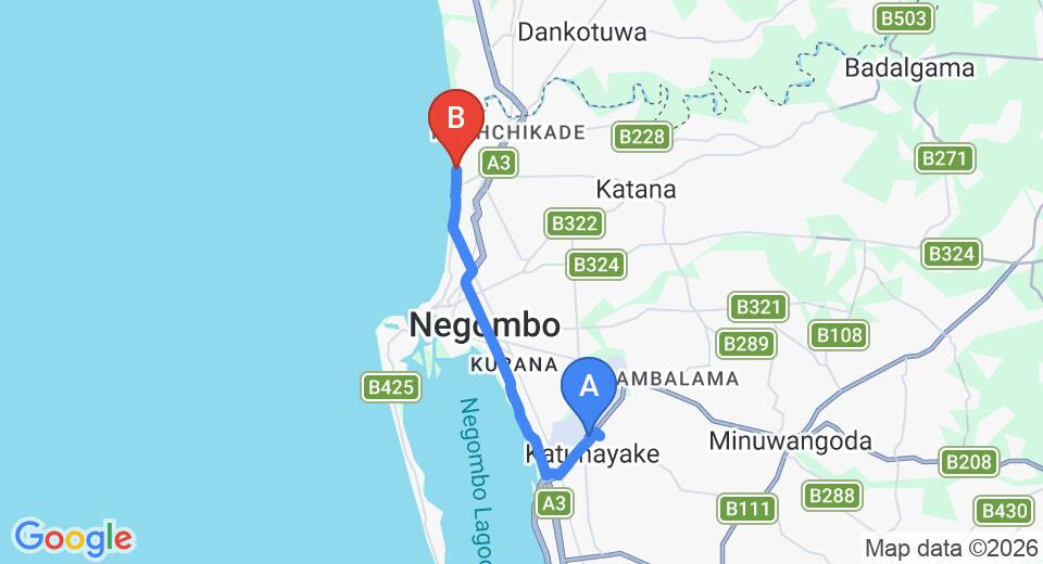 Driving route map: Colombo Airport (CMB) to The Ocean Pearl Hotel, Negombo (15 km, approx 35 min private transfer)