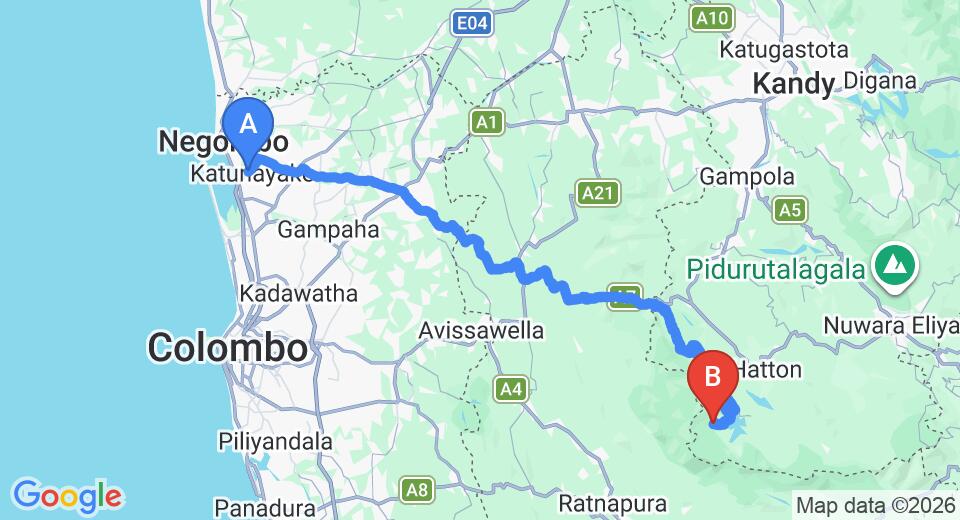 Driving route map: Colombo Airport (CMB) to Punsisi Rest, Hatton (131 km, approx 4 h 20 min private transfer)