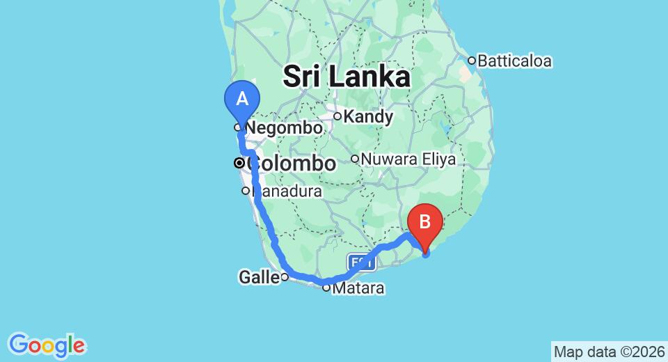 Driving route map: Colombo Airport (CMB) to Kirinda Beach Resort, Yala (291 km, approx 4 h 3 min private transfer)