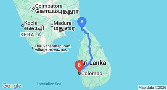 Driving route map: Jaffna to Colombo Seaport (406 km, approx 7 h 50 min private transfer)