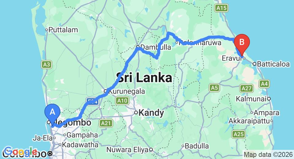 Driving route map: Colombo Airport (CMB) to Hotel Nirutha, Batticaloa (277 km, approx 5 h 39 min private transfer)