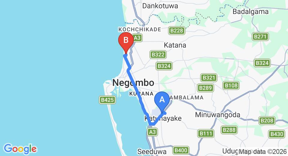 Driving route map: Colombo Airport (CMB) to Terrace Green Hotel and Spa, Negombo (13 km, approx 31 min private transfer)