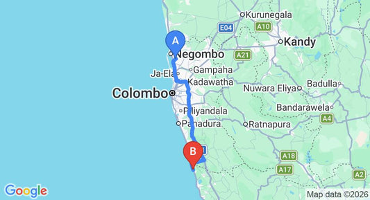Driving route map: Colombo Airport (CMB) to Sea Rock Villa, Bentota (112 km, approx 1 h 47 min private transfer)