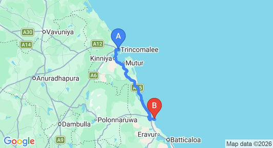 Driving route map: Trincomalee to Pasikuda (109 km, approx 2 h 13 min private transfer)