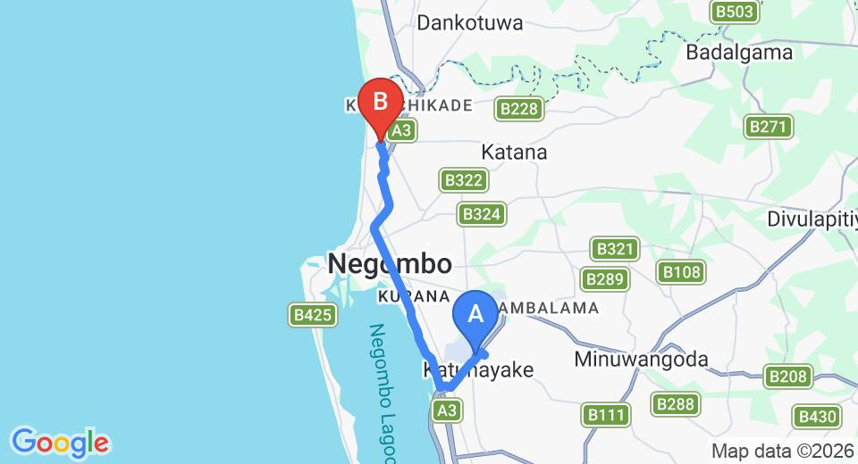 Driving route map: Colombo Airport (CMB) to Morning Star, Negombo (15 km, approx 34 min private transfer)