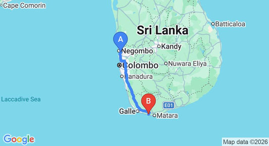 Driving route map: Colombo Airport (CMB) to Beach Hut Muhudu Bella, Weligama (172 km, approx 2 h 24 min private transfer)