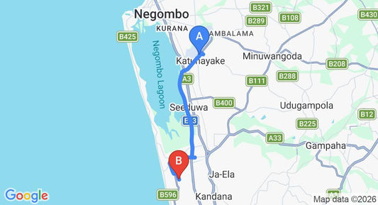 Driving route map: Colombo Airport (CMB) to Bopitiya (17 km, approx 28 min private transfer)