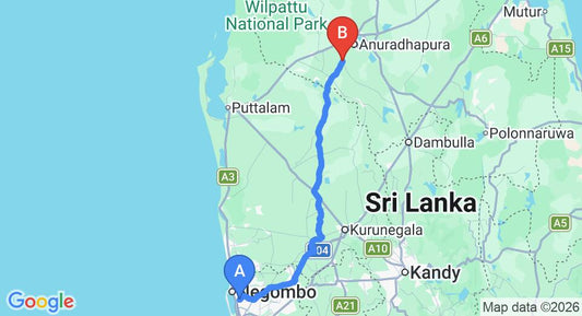Driving route map: Colombo Airport (CMB) to Talawa (160 km, approx 3 h 26 min private transfer)