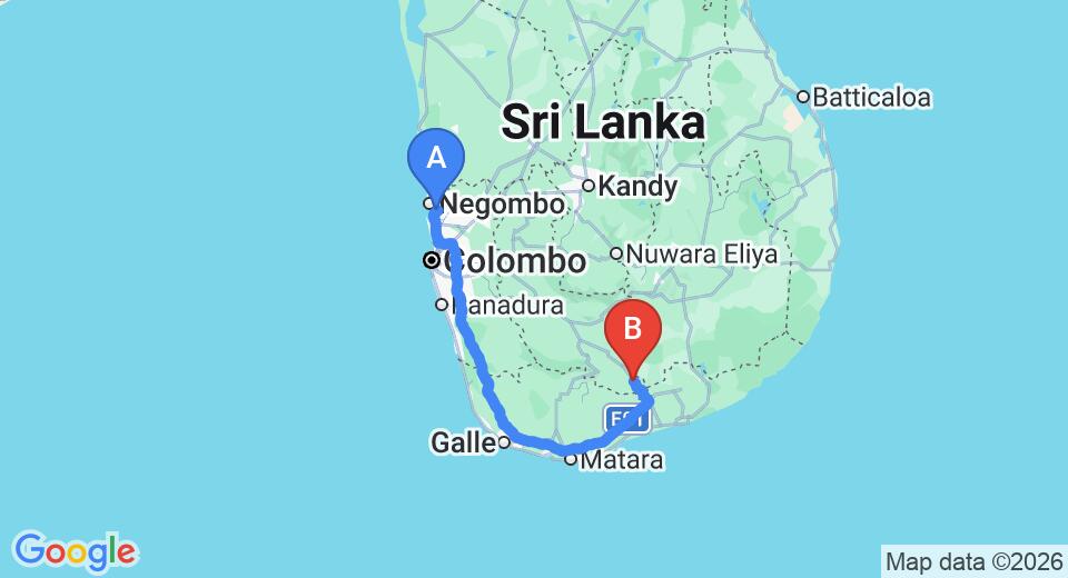 Driving route map: Colombo Airport (CMB) to Hotel Sobana, Embilipitiya (244 km, approx 3 h 15 min private transfer)