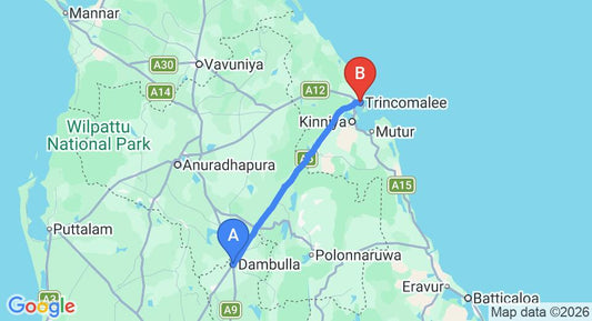 Driving route map: Dambulla to Trincomalee (106 km, approx 1 h 56 min private transfer)