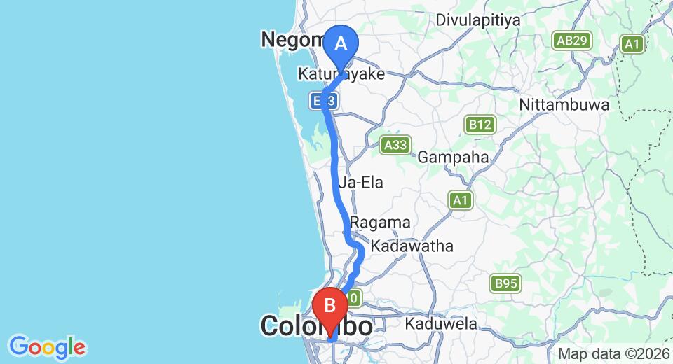 Driving route map: Colombo Airport (CMB) to Zylan Luxury Villa, Colombo (33 km, approx 42 min private transfer)