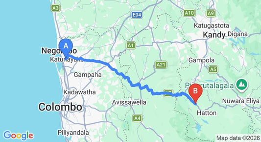 Driving route map: Colombo Airport (CMB) to Watawala (105 km, approx 3 h 12 min private transfer)