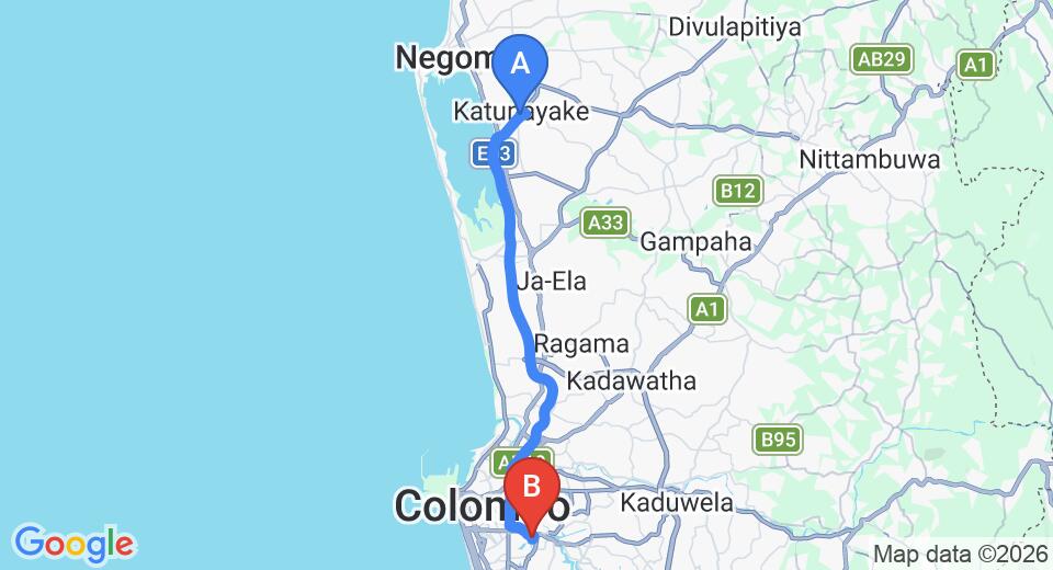 Driving route map: Colombo Airport (CMB) to The Sovereign Corporate Hotel, Colombo (34 km, approx 45 min private transfer)