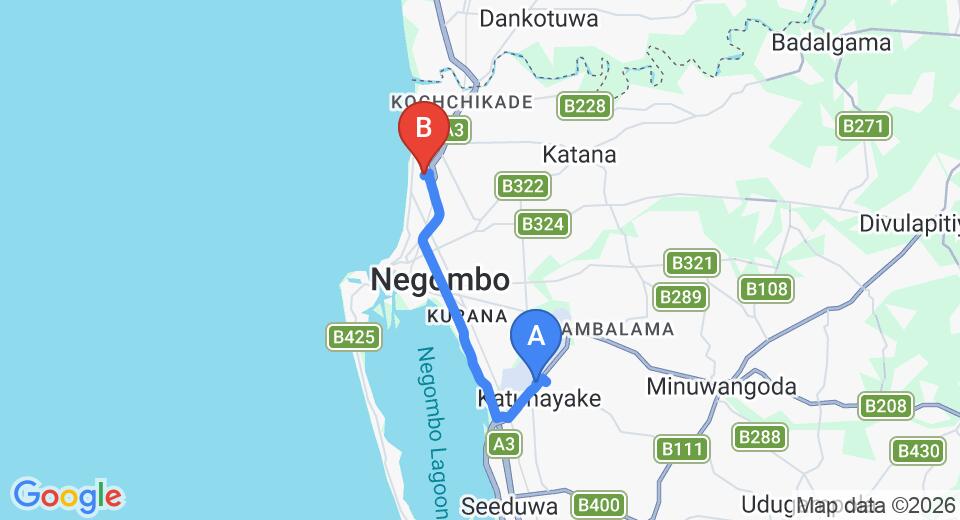 Driving route map: Colombo Airport (CMB) to Negombo Boutique Villa, Negombo (14 km, approx 32 min private transfer)
