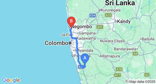 Driving route map: Hiriketiya to Colombo Airport (CMB) (97 km, approx 1 h 31 min private transfer)