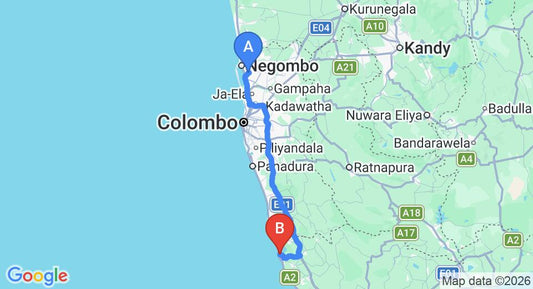 Driving route map: Colombo Airport (CMB) to The Villa 432, Balapitiya (131 km, approx 2 h 0 min private transfer)
