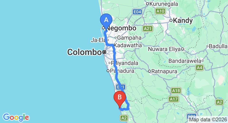 Driving route map: Colombo Airport (CMB) to Vindana Villa, Balapitiya (131 km, approx 2 h 0 min private transfer)